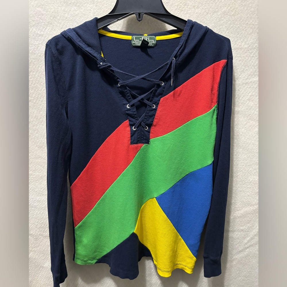 L-RL Ralph Lauren Women’s Activewear Lace-Up Thermal Colorblock with Hood